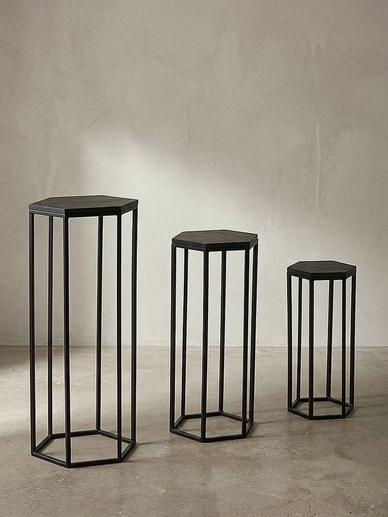 Beistelltische 3er Set Massivholz und Metall in Hexagon-Form