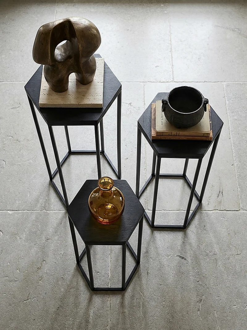 Beistelltische 3er Set Massivholz und Metall in Hexagon-Form
