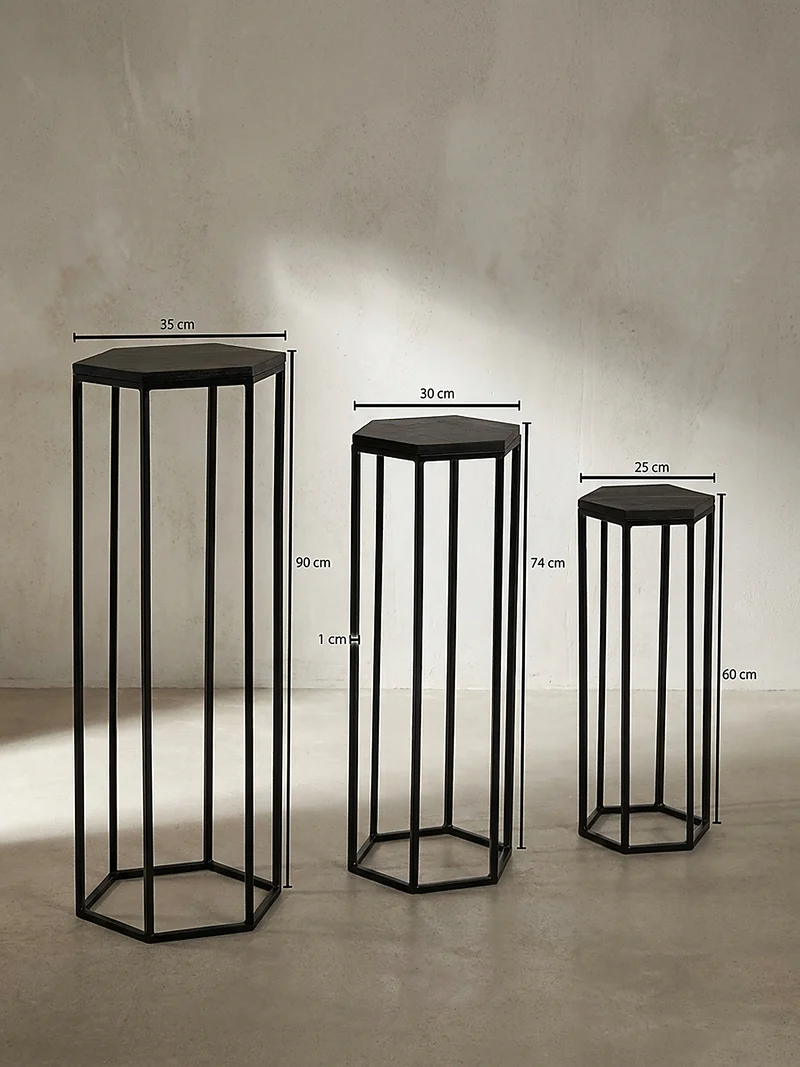 Beistelltische 3er Set Massivholz und Metall in Hexagon-Form