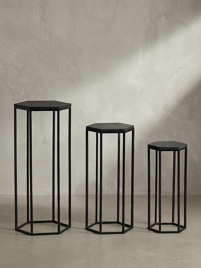 Beistelltische 3er Set Massivholz und Metall in Hexagon-Form