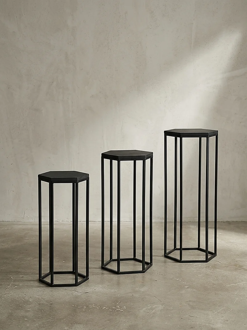 Beistelltische 3er Set Massivholz und Metall in Hexagon-Form