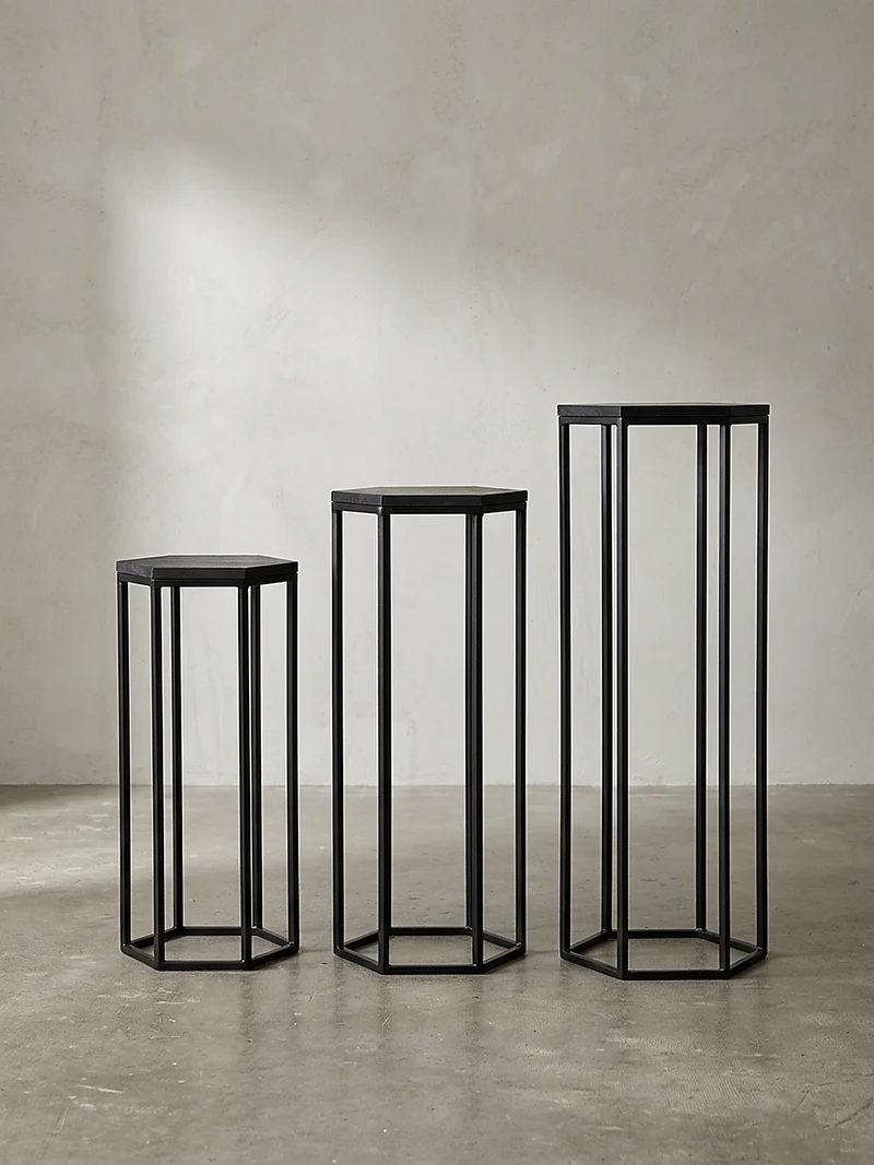 Beistelltische 3er Set Massivholz und Metall in Hexagon-Form