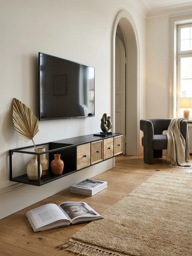 Lowboard Hängend Mango Massivholz Metall Modern Stil mit Schubladen und Rattan-Fronten