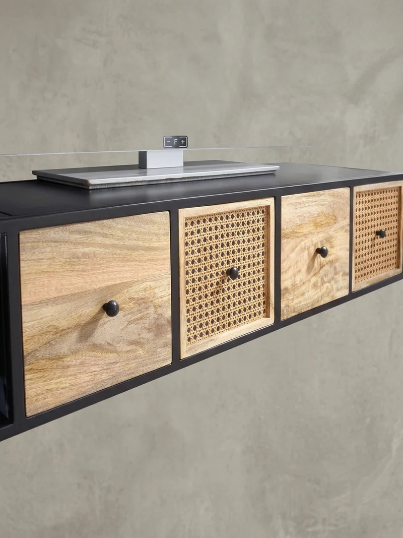 Lowboard Hängend Mango Massivholz Metall Modern Stil mit Schubladen und Rattan-Fronten
