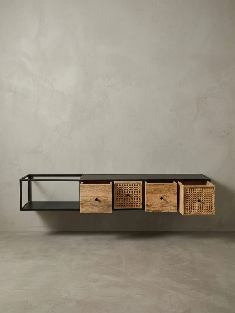 Lowboard Hängend Mango Massivholz Metall Modern Stil mit Schubladen und Rattan-Fronten