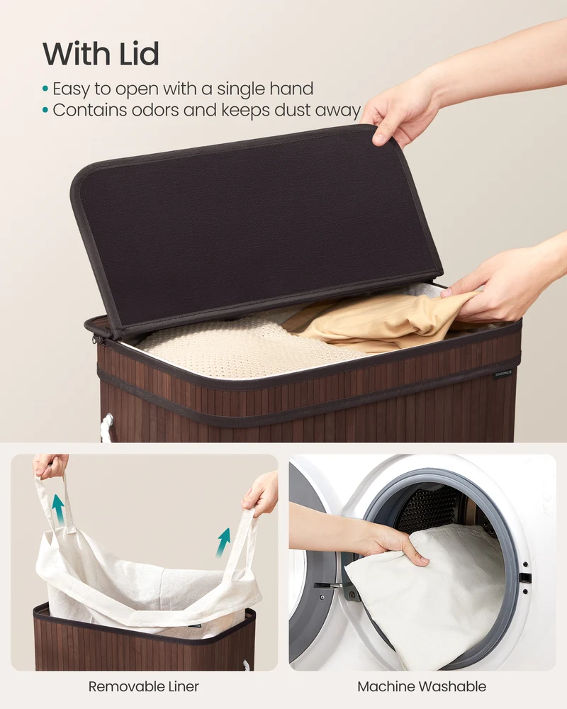 SONGMICS 100L Laundry Hamper with Lid Bamboo Laundry Basket with Liner Bag Foldable Storage Hamper Brown