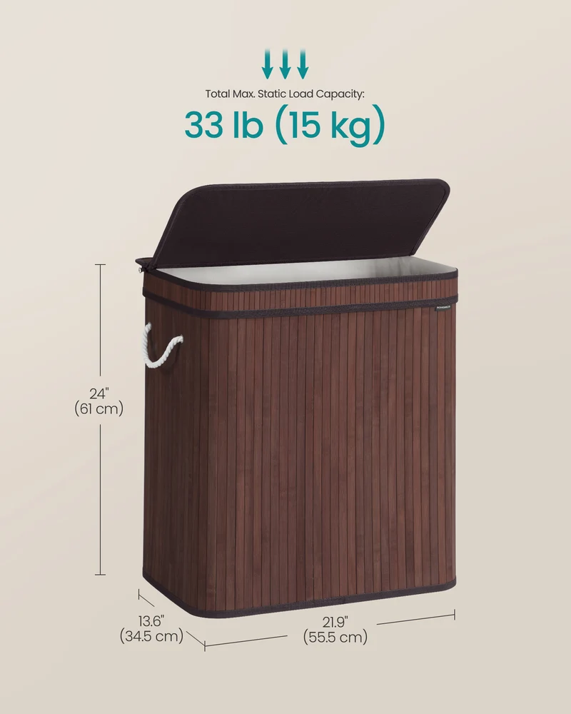 SONGMICS 100L Laundry Hamper with Lid Bamboo Laundry Basket with Liner Bag Foldable Storage Hamper Brown