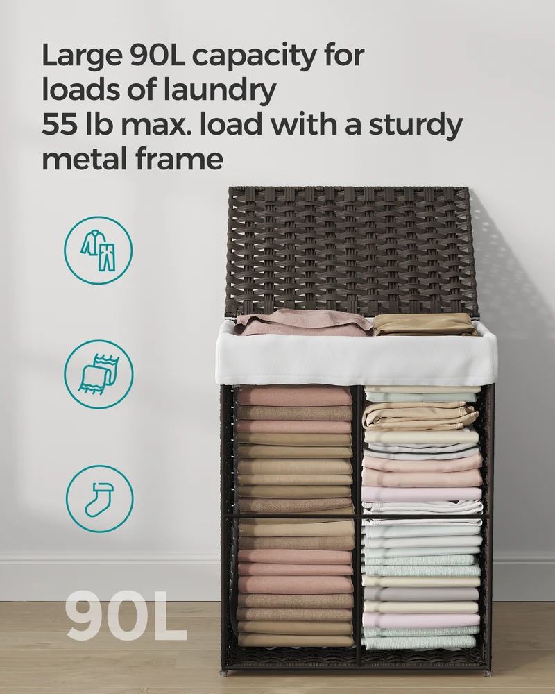 SONGMICS 23.8 Gal (90L) Laundry Hamper Laundry Basket with Lid and Handles Wicker hamper Brown