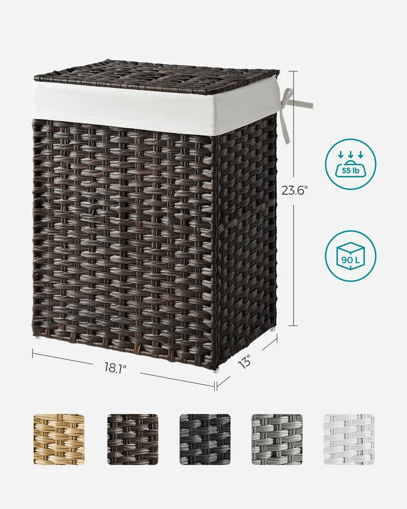 SONGMICS 23.8 Gal (90L) Laundry Hamper Laundry Basket with Lid and Handles Wicker hamper Brown