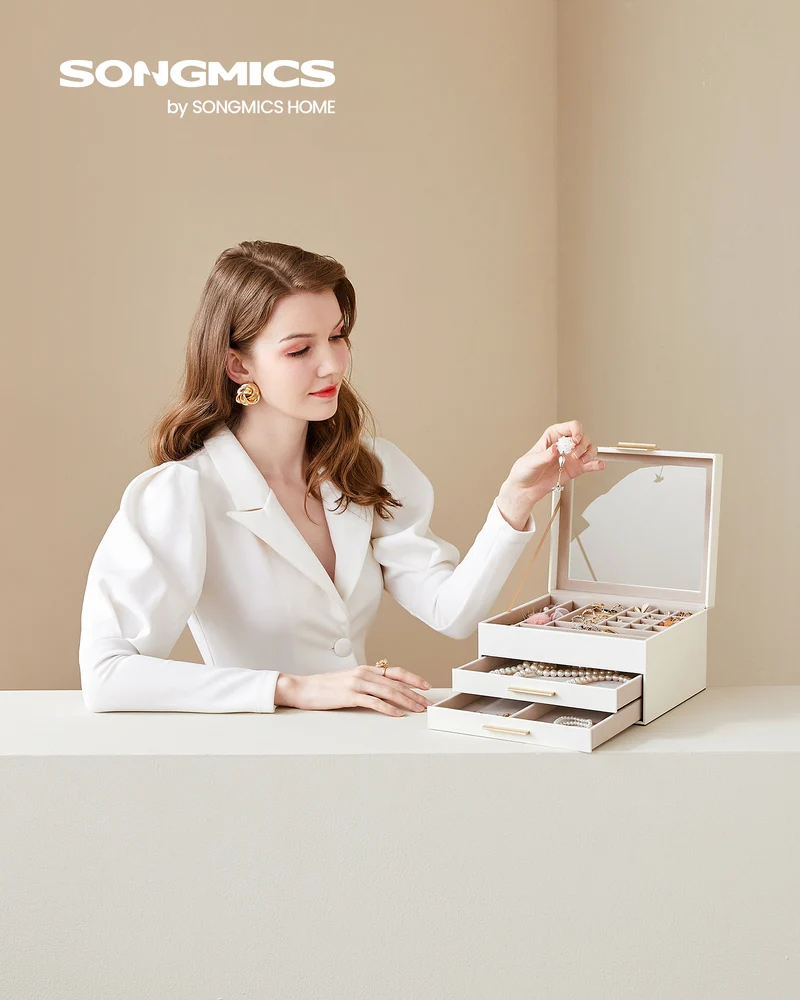 Glass Lid Jewelry Box with Glass Jewelry Organizer Case for Rings Necklaces Earrings Cloud White and Gold, for women gift