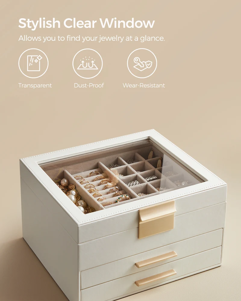 Glass Lid Jewelry Box with Glass Jewelry Organizer Case for Rings Necklaces Earrings Cloud White and Gold, for women gift