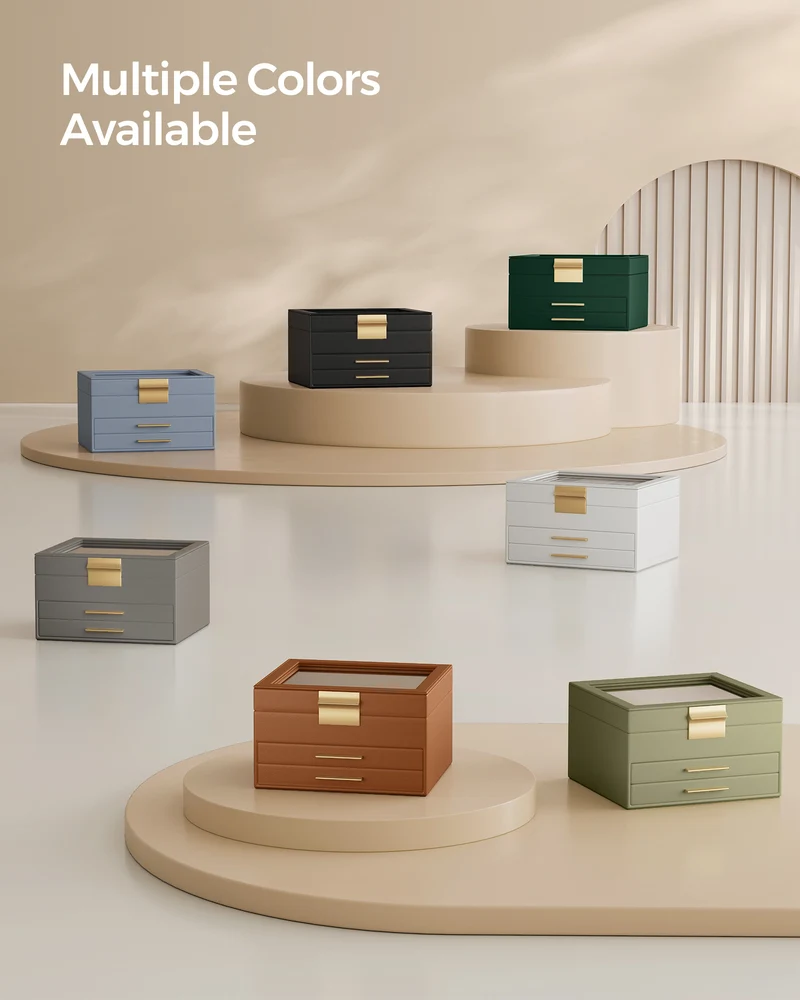 Glass Lid Jewelry Box with Glass Jewelry Organizer Case for Rings Necklaces Earrings Cloud White and Gold, for women gift
