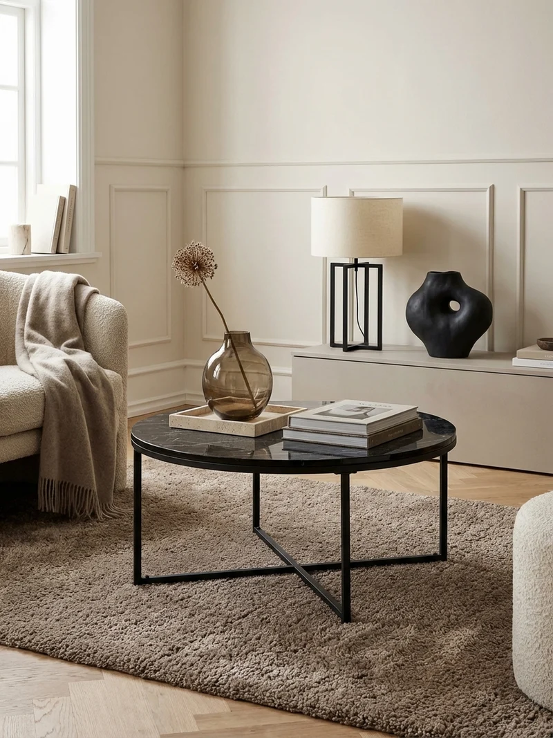 Couchtisch mit Marmor-Optik und Hochglanz-Finish, rund