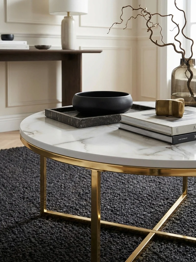 Couchtisch mit Marmor-Optik und Hochglanz-Finish, rund