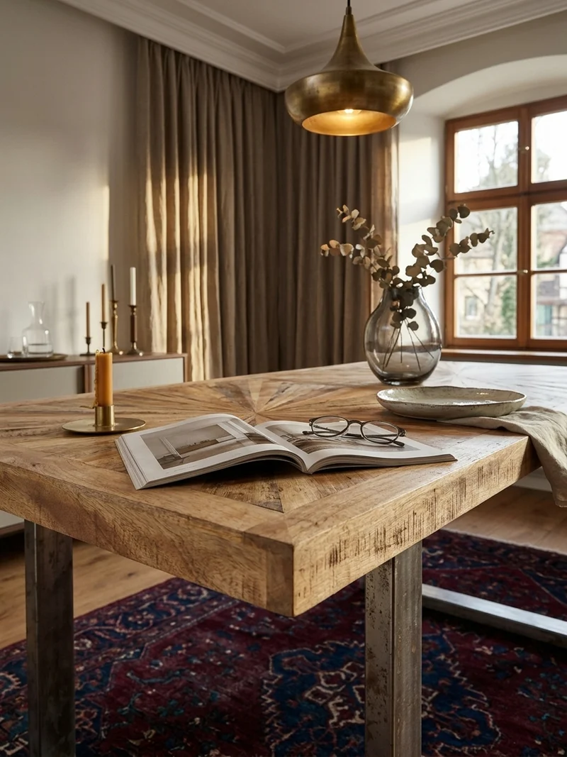 Esstisch Massivholz Edelstahlbeine Rustikal