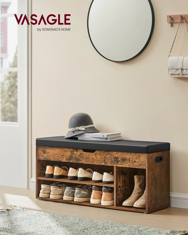 VASAGLE Shoe Bench, Storage Bench with Cushion, Shoe Rack Bench with Padded Seat, 3 Compartments, Hidden Storage, Shelves,Rustic Brown and Black