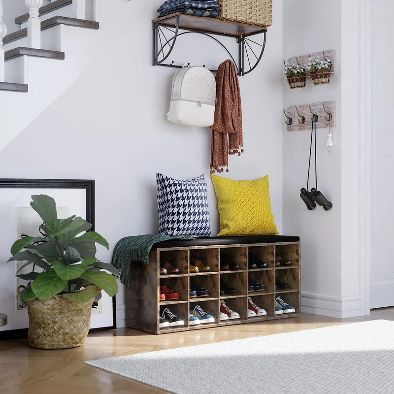 Shoe Rack Bench with Cushion 15 Compartments Storage Bench Shoe Bench for Entryway, 11.8 x 41.3 x 18.9 Inches