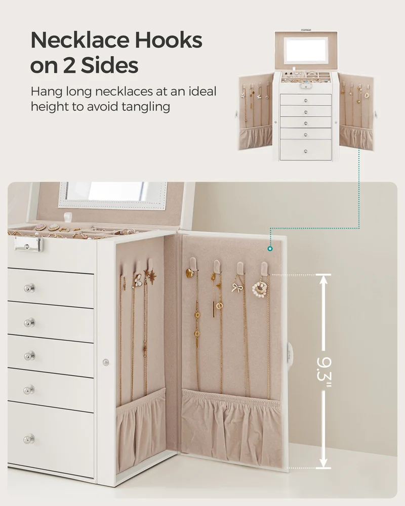 SONGMICS Large Accessory Organizer 6-Tier White Mirror Jewelry Box