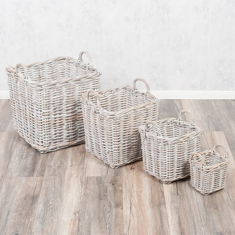 2er Set Rattankorb BAKUL eckig White-Wash ca. 20cm