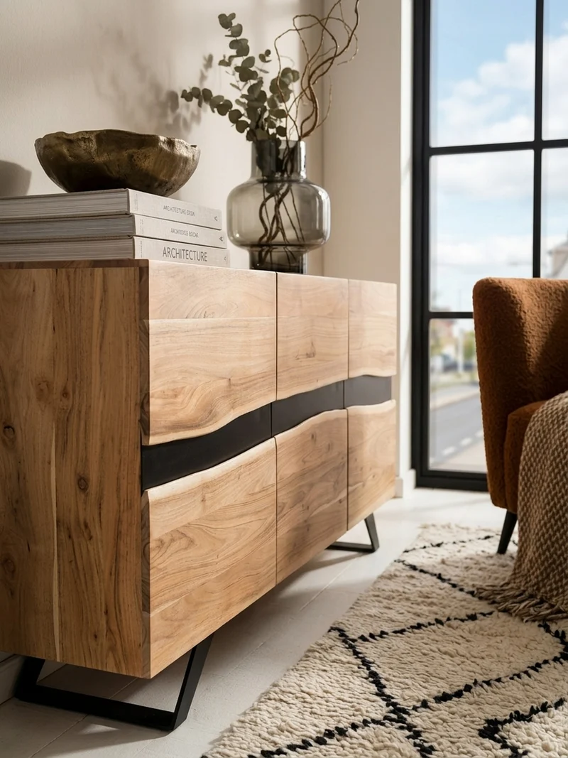 Sideboard – Akazie Massivholz, 148x85x43 cm, Baumkante, Landhausstil, breit