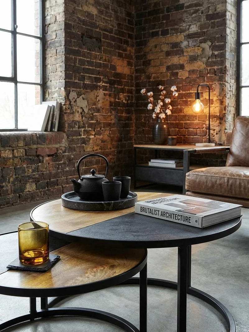 Couchtisch Set – Rund Mango Massivholz Steinoptik 2-teilig modern