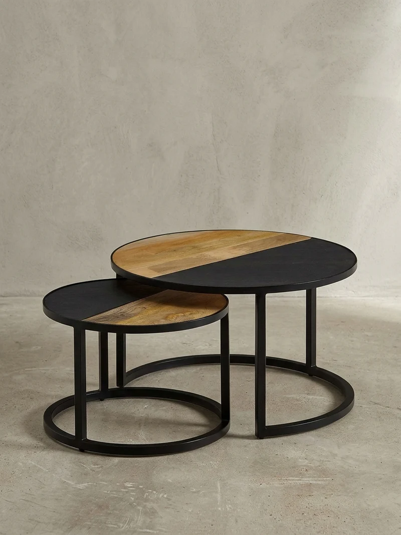 Couchtisch Set – Rund Mango Massivholz Steinoptik 2-teilig modern