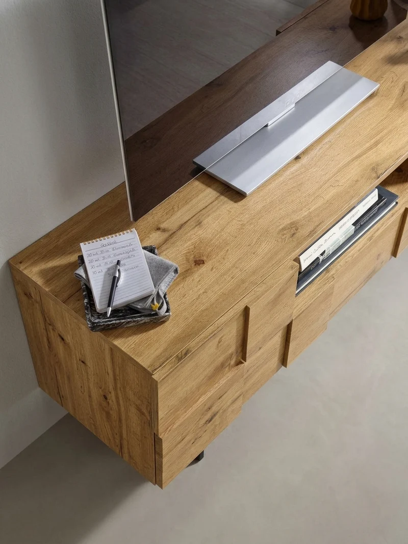 Lowboard Eiche-Dekor Modern Stil mit Kachelmuster für Konsolen und DVDs