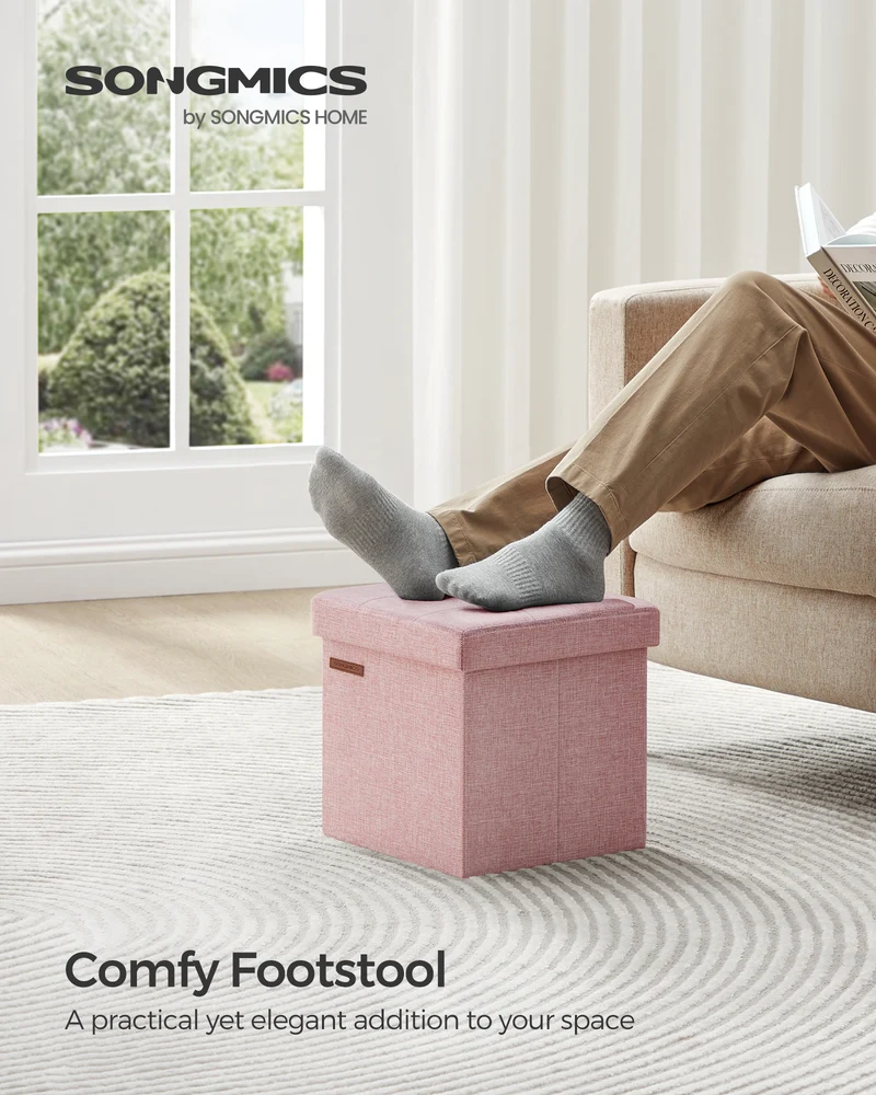 SONGMICS Foldable Storage Ottoman Foot Rest, 11.8 Inch Small Cube Stool with Hidden Storage, Supports 286 lbs, Lightweight & Portable, Jelly Pink