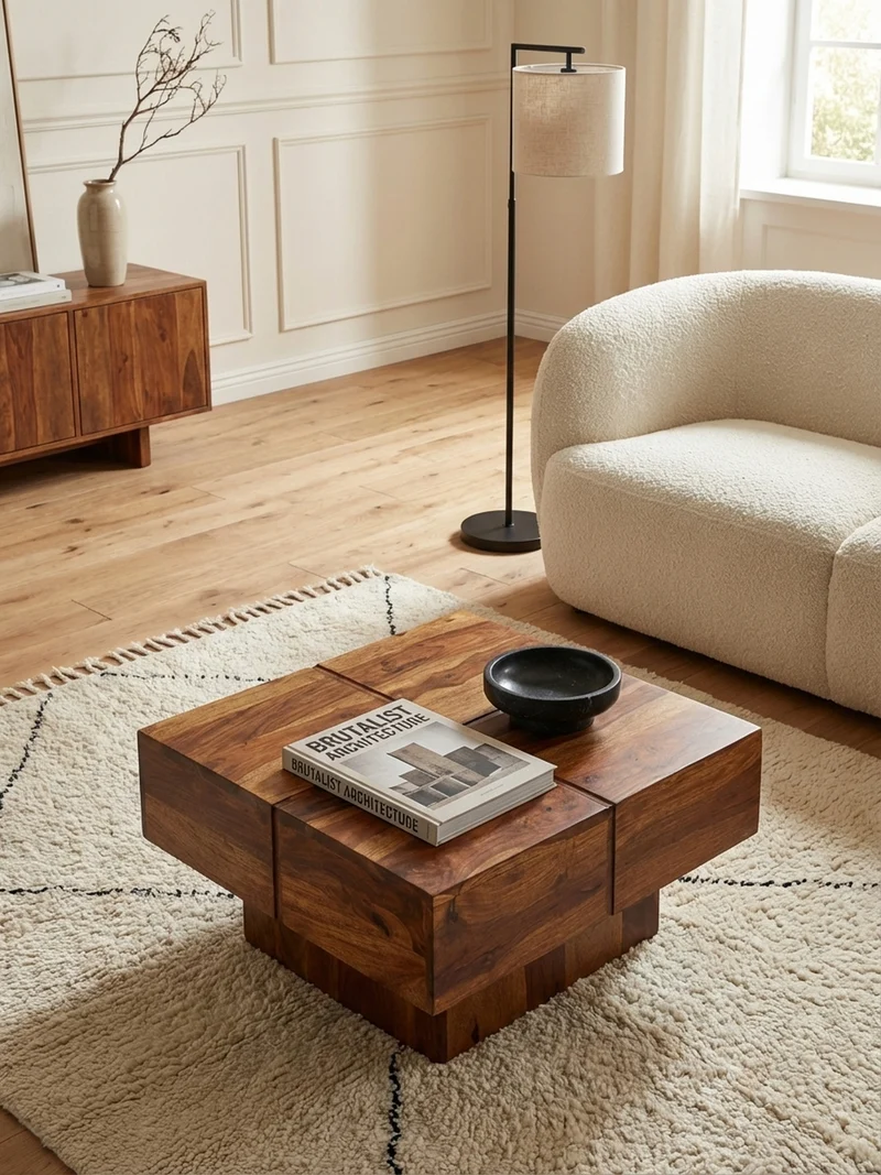 Couchtisch Quadrat in Sheesham Massivholz, Modernes Rillenmuster, Maße 57,5x57,5x30 cm