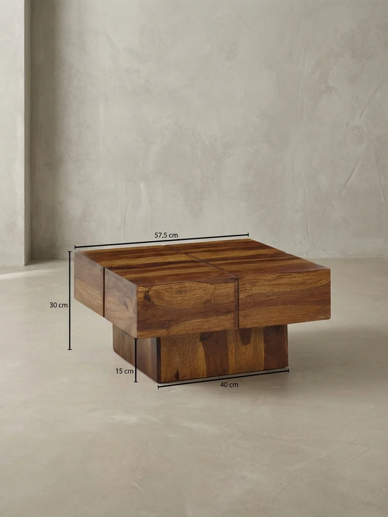 Couchtisch Quadrat in Sheesham Massivholz, Modernes Rillenmuster, Maße 57,5x57,5x30 cm