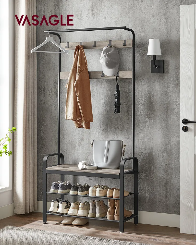4-in-1 Hall Tree Entryway Organizer - Freestanding Coat Rack with Shoe Bench, 9 Adjustable Hooks & Hanging Rod, Space-Saving Design for Jackets, Shoes & Accessories, Greige & Black