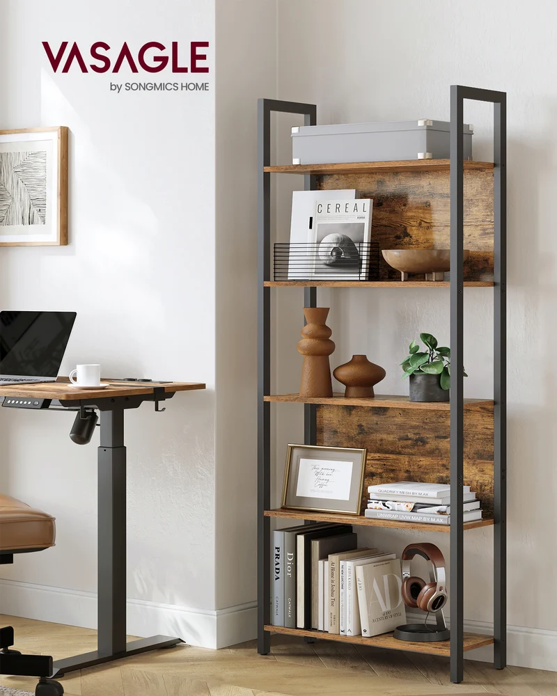 VASAGLE ALINRU Storage Shelf 5 Shelf Bookshelf Bookcase for Living Room Entryway Office Rustic Brown and Black