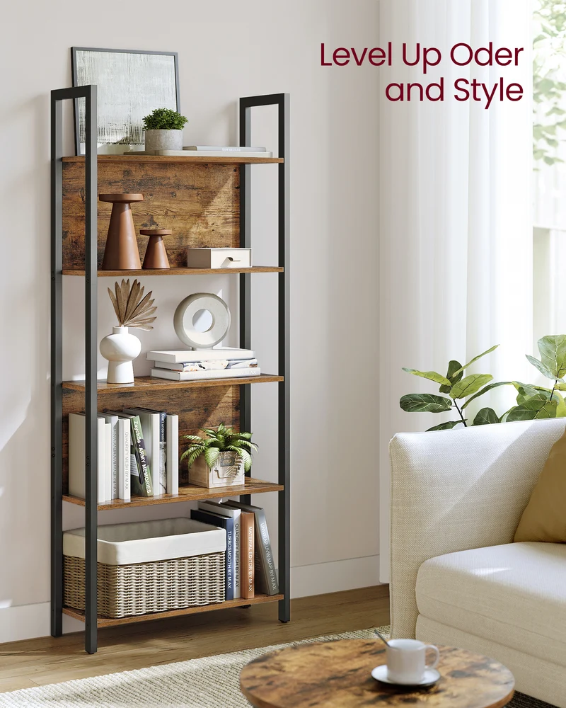 VASAGLE ALINRU Storage Shelf 5 Shelf Bookshelf Bookcase for Living Room Entryway Office Rustic Brown and Black