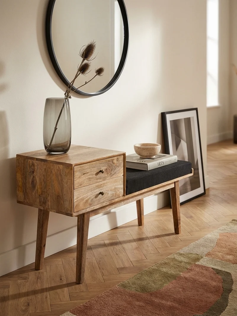 Sitzbank – Mango Holz, Schwarz, Schubladen, Retro-Stil