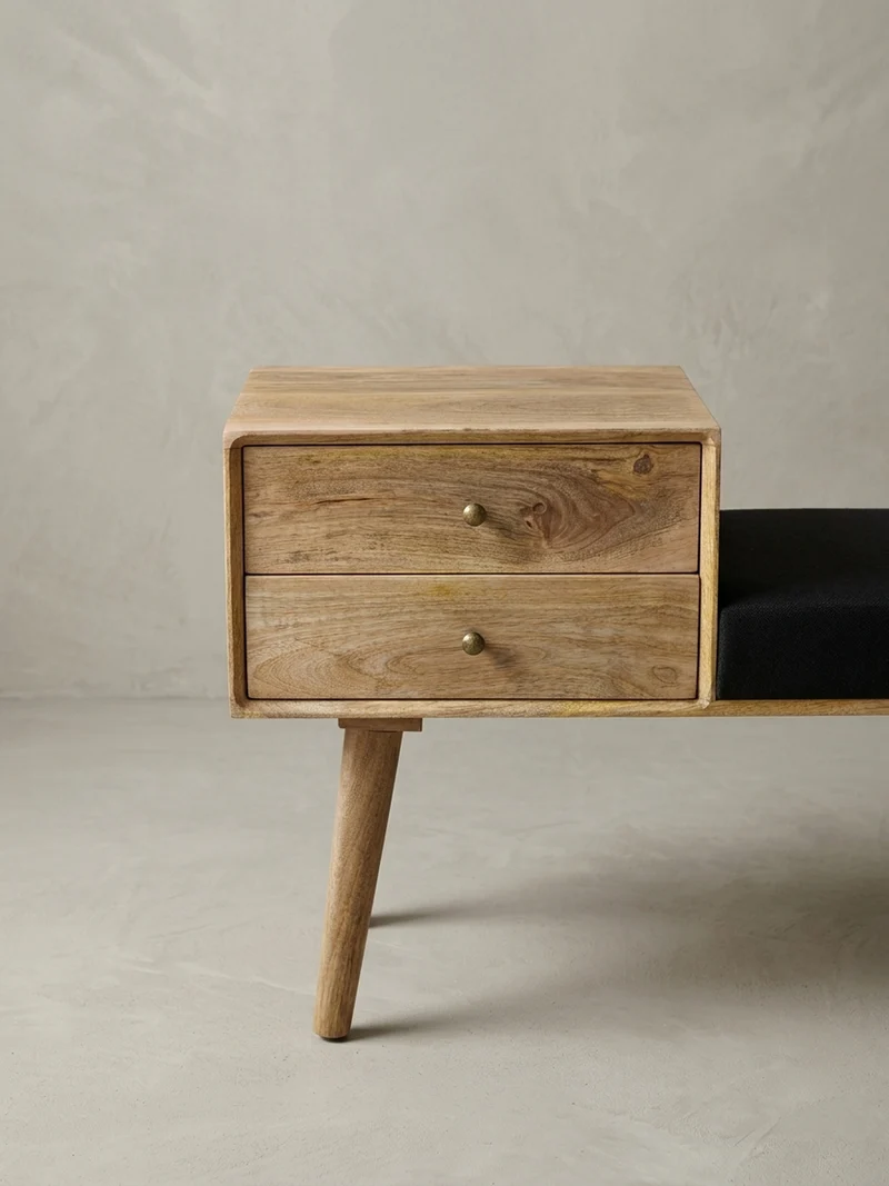 Sitzbank – Mango Holz, Schwarz, Schubladen, Retro-Stil