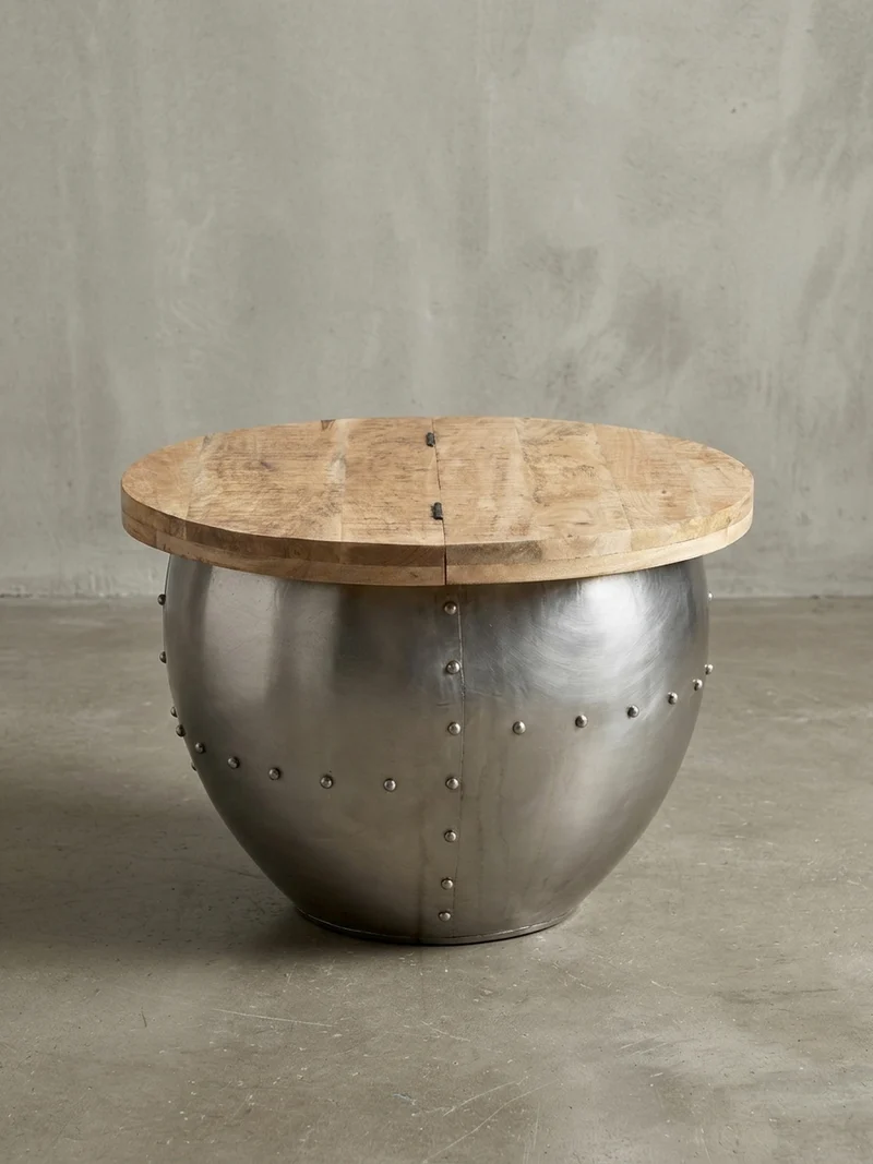 Couchtisch Rund in Braun, Massivholz und Metall, Industrial-Stil mit Stauraum