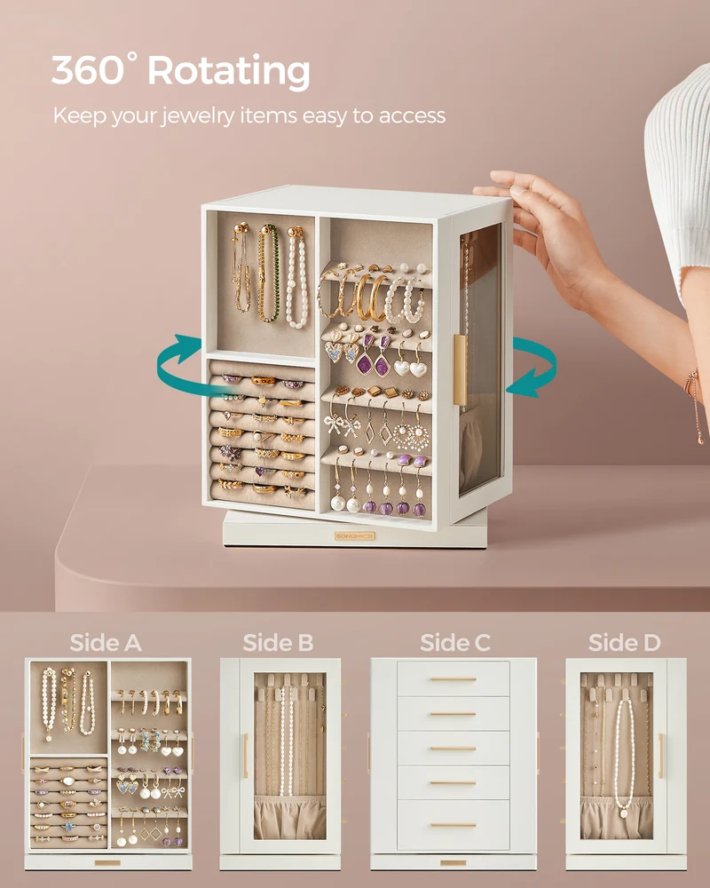 LEDREM Rotating Jewelry Box, Jewelry Organizer, 5-Drawer Jewelry Storage Case with Glass Window, Vertical Design, Open and Spacious, White