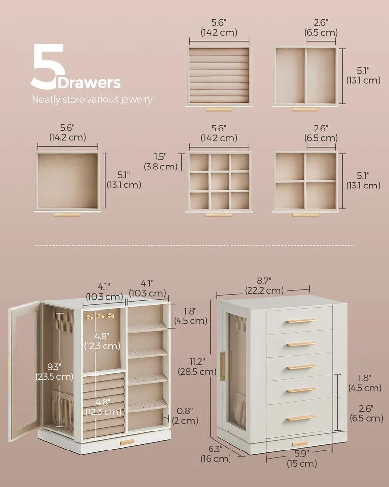 LEDREM Rotating Jewelry Box, Jewelry Organizer, 5-Drawer Jewelry Storage Case with Glass Window, Vertical Design, Open and Spacious, White