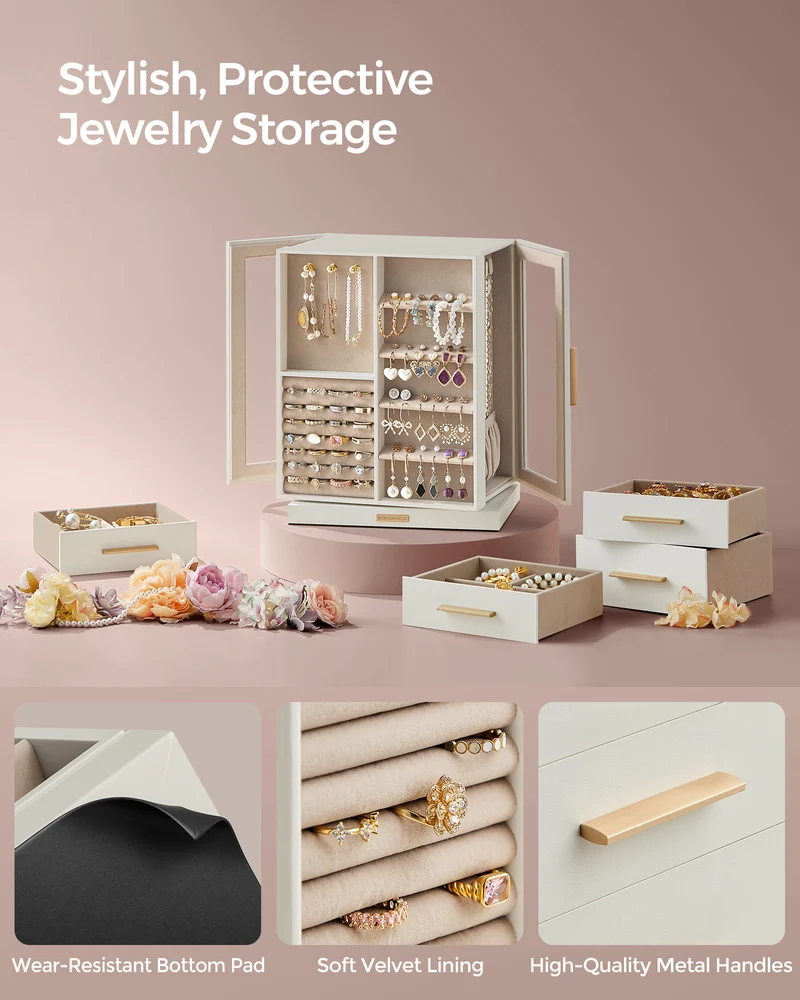 LEDREM Rotating Jewelry Box, Jewelry Organizer, 5-Drawer Jewelry Storage Case with Glass Window, Vertical Design, Open and Spacious, White