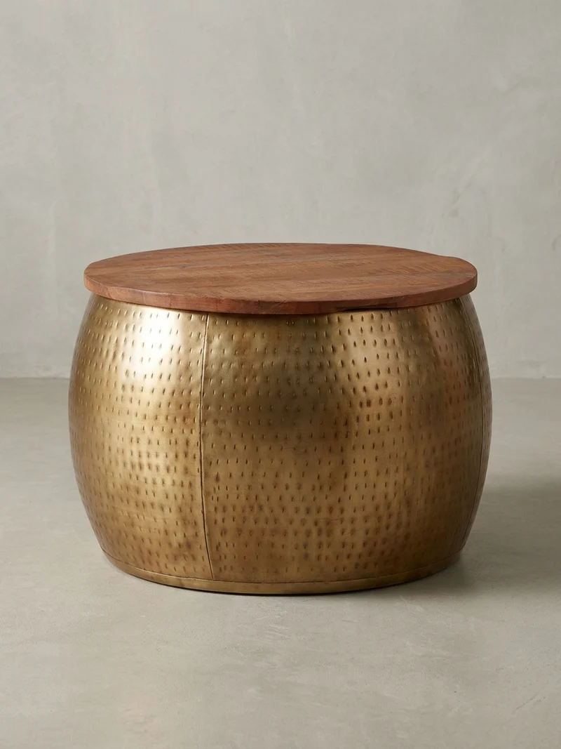 Couchtisch Massivholz Braun Gold, Modernes Design, Stauraum, Modell Aurora