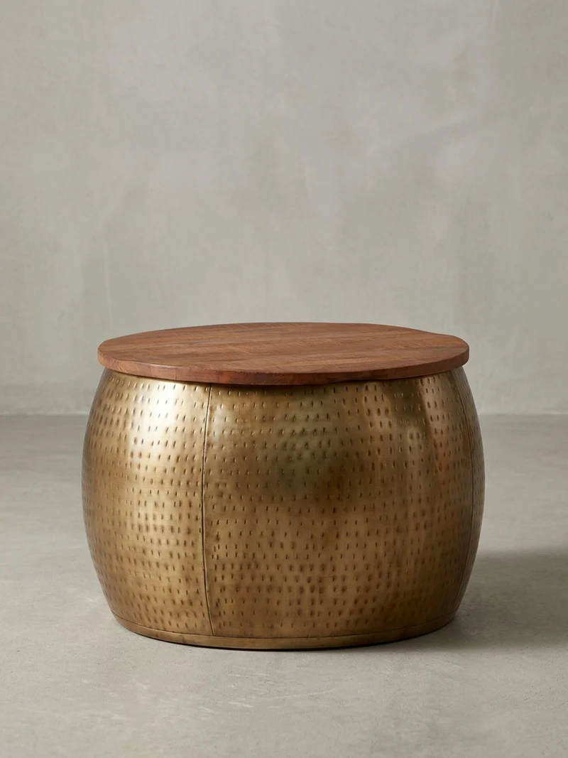Couchtisch Massivholz Braun Gold, Modernes Design, Stauraum, Modell Aurora