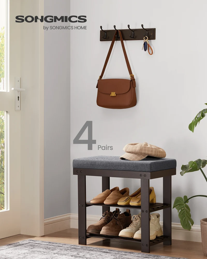 3-Tier Bamboo Shoe Bench - Entryway Organizer with Padded Seat (300 lb Capacity) & 2 Shelves, Rustic Walnut and Slate Gray