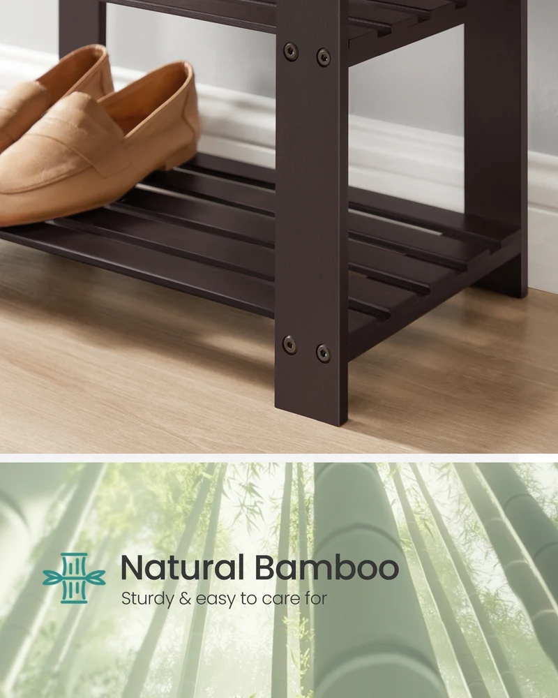 3-Tier Bamboo Shoe Bench - Entryway Organizer with Padded Seat (300 lb Capacity) & 2 Shelves, Rustic Walnut and Slate Gray