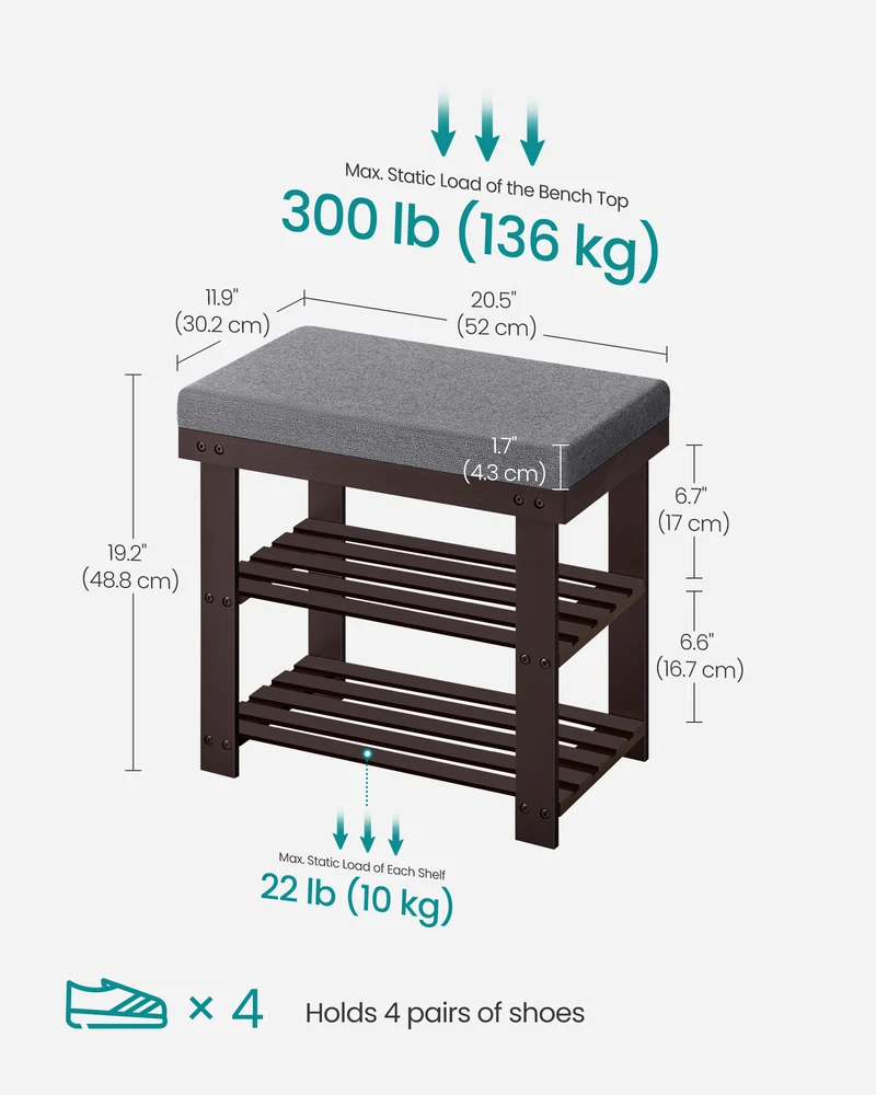 3-Tier Bamboo Shoe Bench - Entryway Organizer with Padded Seat (300 lb Capacity) & 2 Shelves, Rustic Walnut and Slate Gray