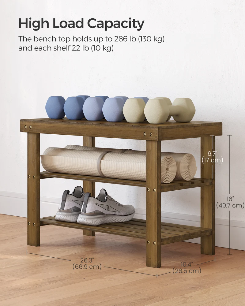 LEDREM Shoe Rack Bench, 3-Tier Bamboo Shoe Storage Organizer, Entryway Bench Color Walnut