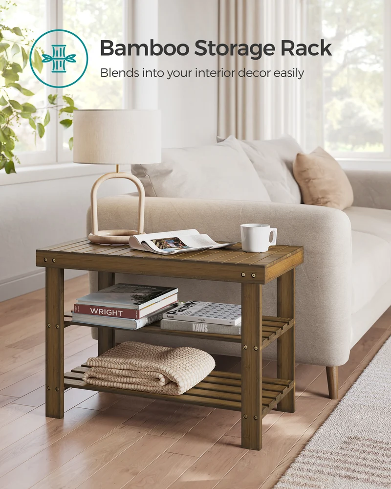 LEDREM Shoe Rack Bench, 3-Tier Bamboo Shoe Storage Organizer, Entryway Bench Color Walnut