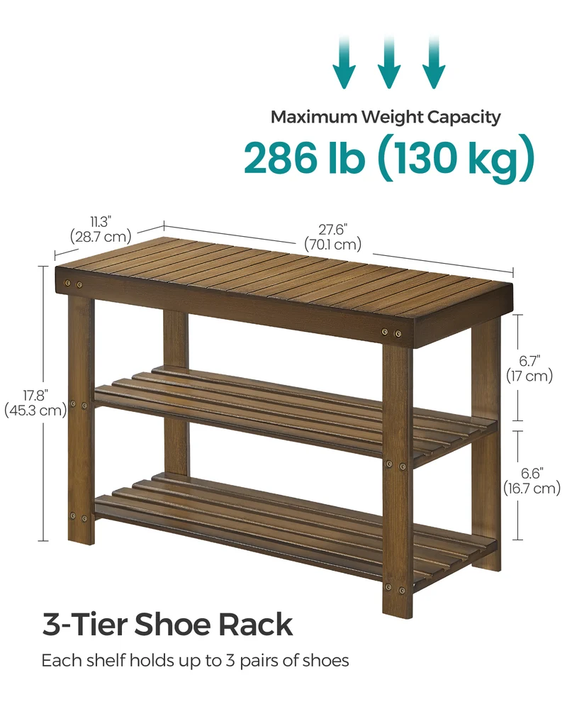 LEDREM Shoe Rack Bench, 3-Tier Bamboo Shoe Storage Organizer, Entryway Bench Color Walnut