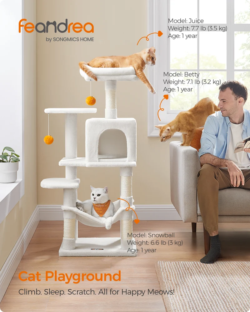 44.1' Cat Tree Tower for Indoor Cats ,Multi-Level Cat Condo Cat Furniture with Scratching Posts, Perches, Hammock, Cave , Cream White