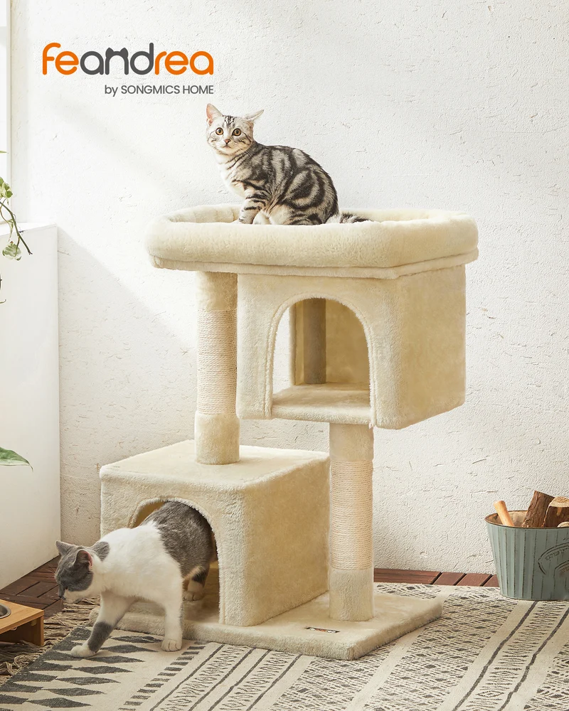 Cat Tree 33.1-Inch Cat Tower for Large Cats up to 16 lb, Large Perch, 2 Cat Caves, Scratching Post, Beige