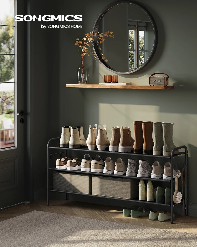 Shoe Rack, 3 Tier Shoe Organizer, Fabric Shoe Shelf Storage with 4 Hooks, Holds up to 18 Pairs of Shoes